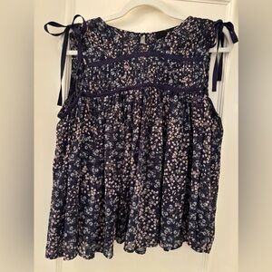 Aqua Navy Blue Floral Chiffon Shirt Size M